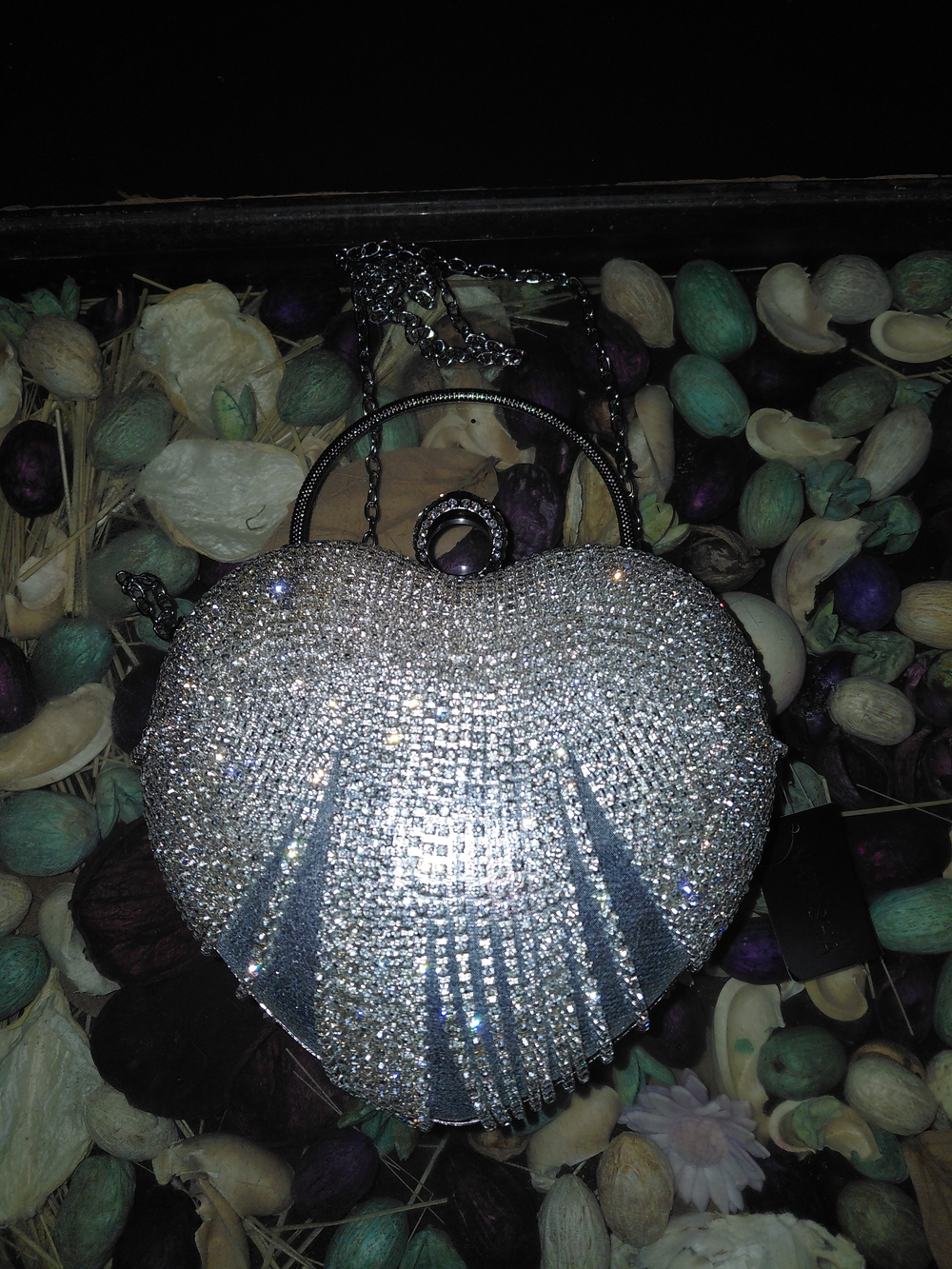 Natasha Couture Silver Crystal Heart Clutch with Fringe